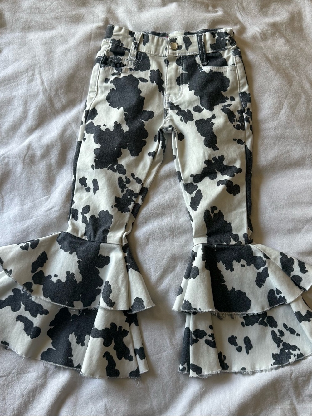 Black & White Cow-Print Ruffle Hem Kids Jeans